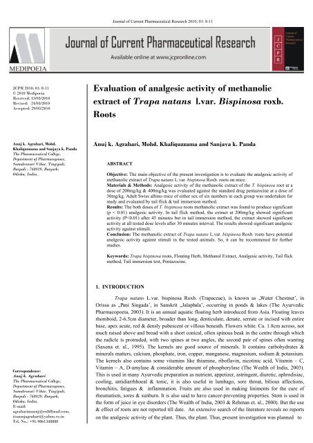 Evaluation of analgesic activity of methanolic extract of Trapa natans ...