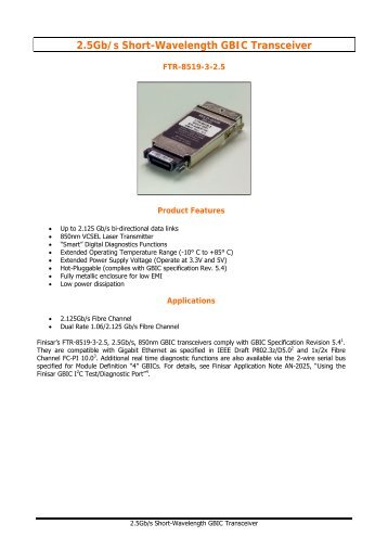 2.5Gb/s Short-Wavelength GBIC Transceiver