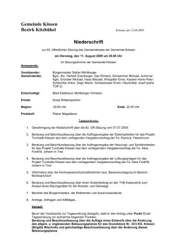 63. Gemeinderatssitzung vom Dienstag 11.08.2009 ... - ELFA KÃ¶ssen