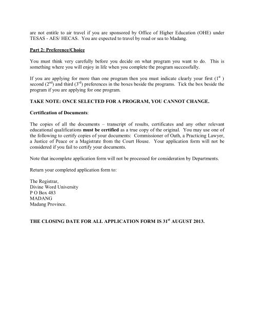 Divine Word University Application Form 2017, How To Fill In Non School Leaver Form Pdf Divine Word University, Divine Word University Application Form 2017