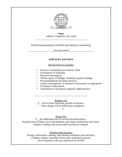 Client Agreement Board for Certification of Genealogists Client Agreement Board for Certification of Genealogists