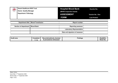 Hospital Blood Bank ASSESSMENT FORM