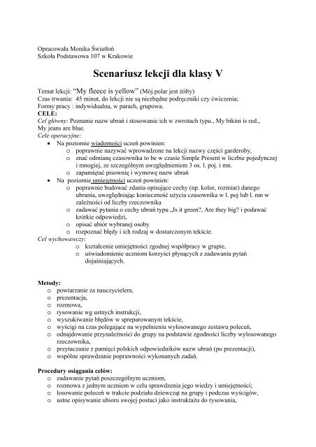 Konspekt lekcji dla kl.V, "My fleece is yellow"