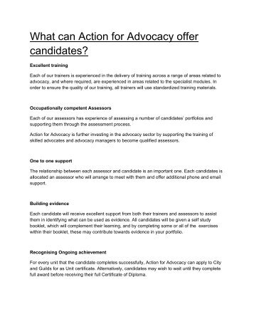 What can Action for Advocacy offer candidates? - Support