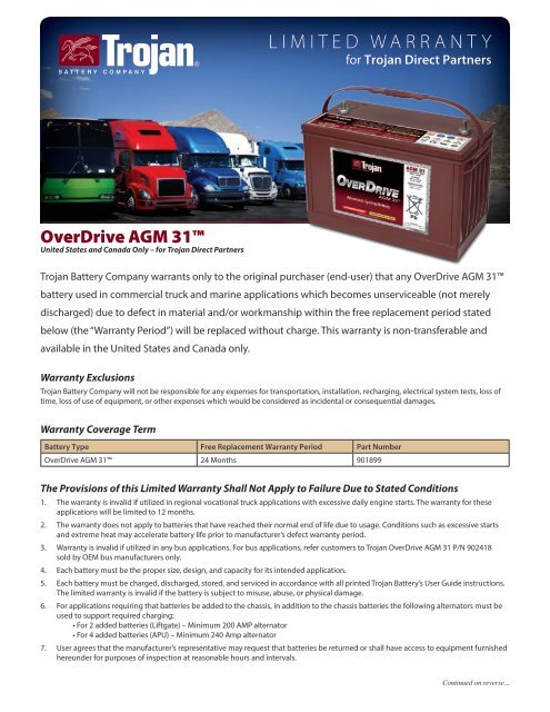 LIMITED WARRANTY Trojan Battery Company