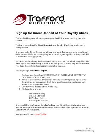 Sign up for Direct Deposit of Your Royalty Check - Trafford Publishing