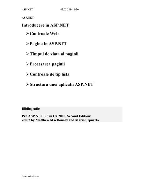 Introducere in ASP.NET Controale Web Pagina in ... - Profs.info.uaic.ro
