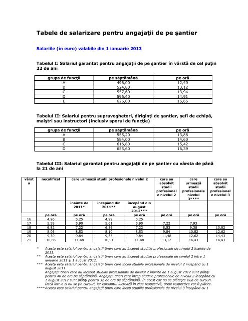 Tabele de salarizare pentru angajaÅ£ii de pe Åantier