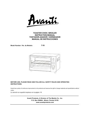toaster oven / broiler instruction manual tostador ... - Avanti Products