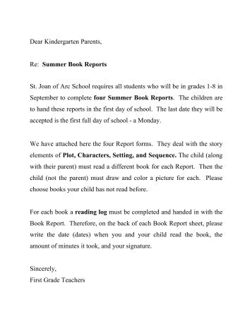 Summer Book Reports - Saint Joan of Arc School