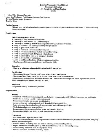 Lifeguard/Instructor Job Description - Johnston Community School ...