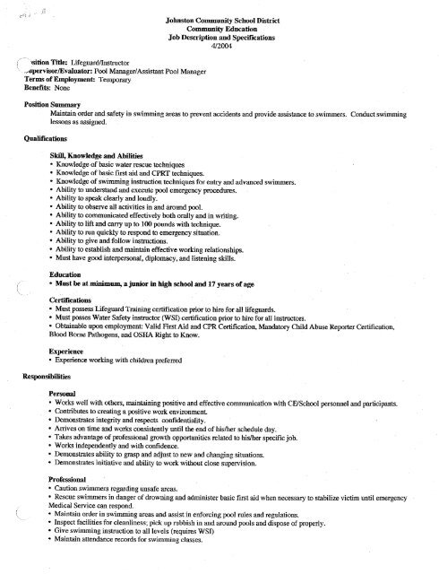 Lifeguard/Instructor Job Description - Johnston Community School ...