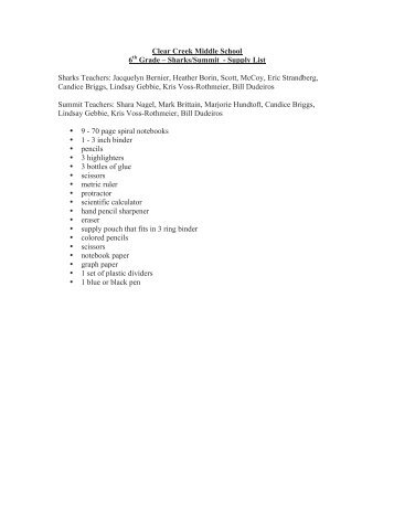 Clear Creek Middle School 6th Grade â Sharks/Summit - Supply List ...