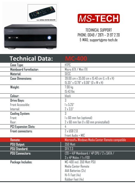 Technical Data: MC-400 - MS-Tech