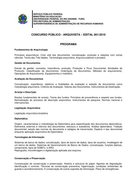 CONCURSO PÃBLICO - ARQUIVISTA â EDITAL ... - progep - Furg
