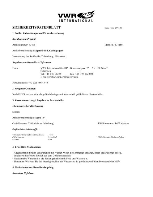 Sylgard® 184, Elastomer - VWR International