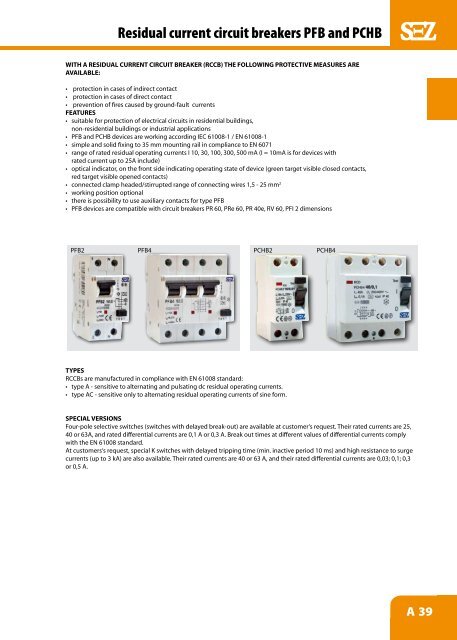 Residual current circuit breakers PFB and PCHB - SEZ Krompachy