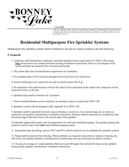 Residential Multipurpose Fire Sprinkler Systems - City of Bonney Lake