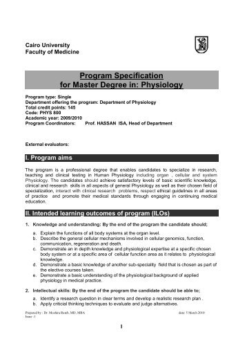 Program Specification for Master Degree in: Physiology