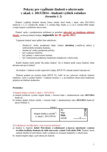 Pokyny pre vypÄºÅanie Å¾iadostÃ­ o ubytovanie v akad. r. 2013/2014