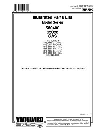 Illustrated Parts List 580400 950cc GAS - Briggs & Stratton