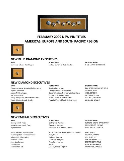 february 2009 new pin titles americas, europe and south pacific region