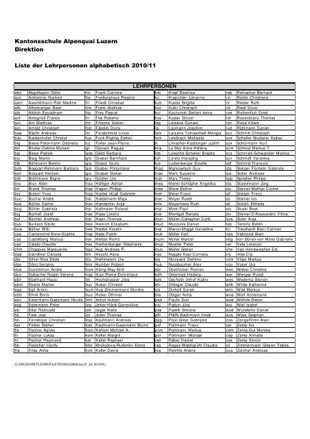 Kantonsschule Alpenquai Luzern Direktion Liste der Lehrpersonen ...