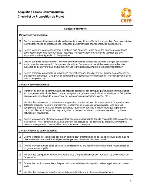 Check-list de Proposition de Projet - CARE Climate Change