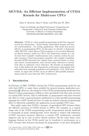 MCUDA: An Efficient Implementation of CUDA Kernels for Multi-core ...