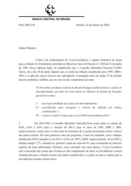 Metas para InflaÃ§Ã£o - Carta Aberta - Banco Central do Brasil