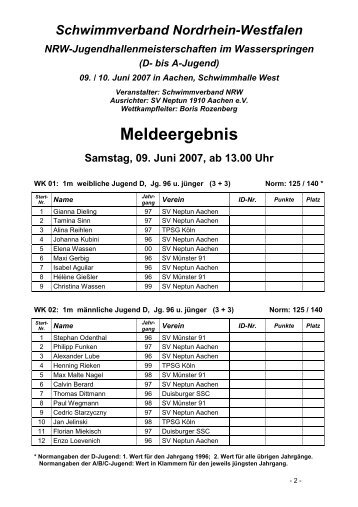 Meldeergebnis NRW-Jugend 2007.06 - SV Neptun Aachen 1910 eV ...