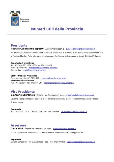Numeri utili della Provincia Presidente - Provincia di Ancona