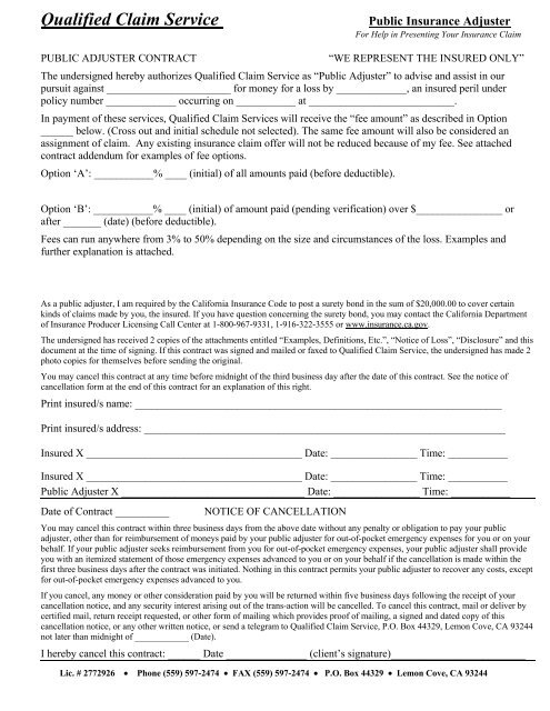 Public Adjuster Contract - UClaim Insurance Claim Advice