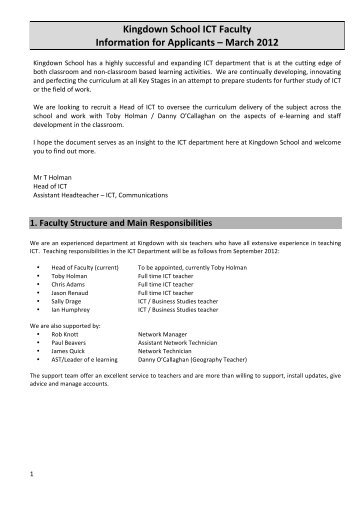 Kingdown School ICT Faculty Information for Applicants – March 2012