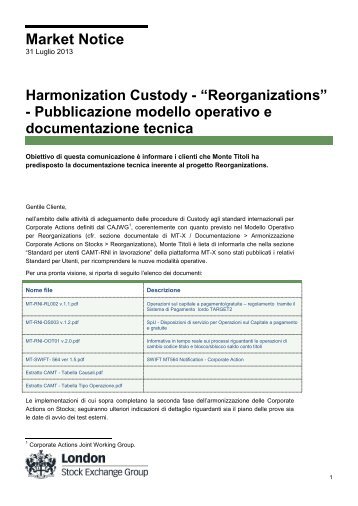 Pubblicazione tracciati per Harmonization Custody ... - Monte Titoli