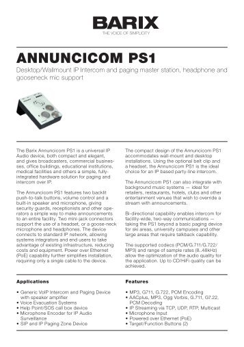 Product Sheet Annuncicom PS1 V30 (PDF) - Barix