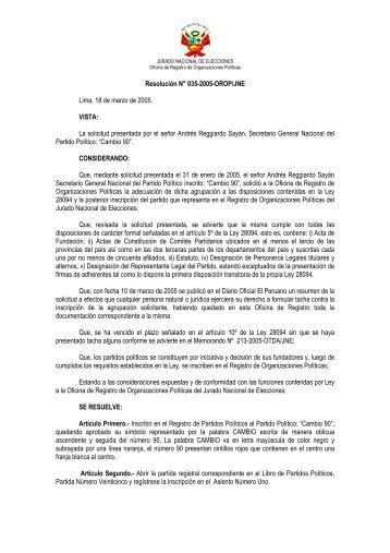 Resolución N° 035-2005-OROP/JNE Lima, 18 de marzo de ... - ONPE