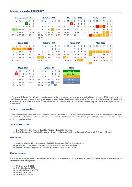 Calendario escolar 2006/2007 - educastur.princast