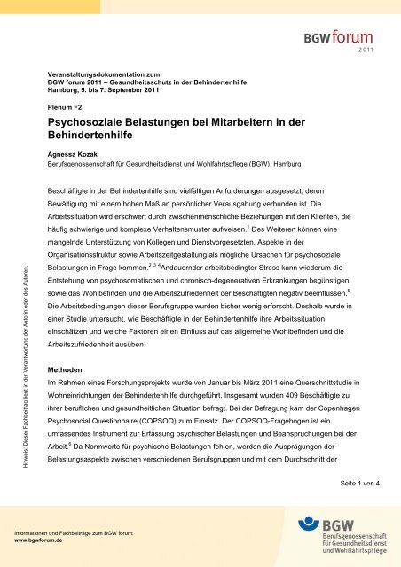 Psychosoziale Belastungen bei Mitarbeitern in der Behindertenhilfe ...