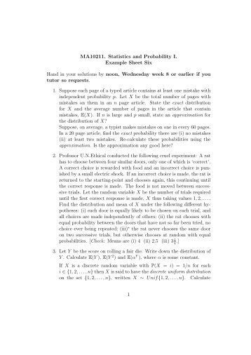 MA10211. Statistics and Probability I. Example Sheet Six Hand in ...