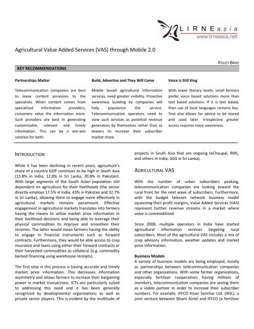Agricultural Value Added Services (VAS) through ... - LIRNEasia