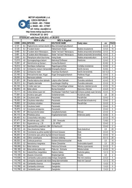 METOP AQUARIUM L.t.d. CZECH REPUBLIC Tel: 00420 - 483 ...