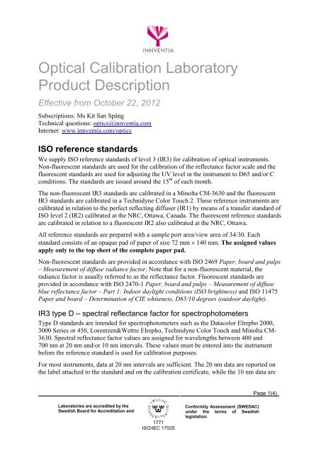 Optical Calibration Laboratory Product Description - Innventia.com