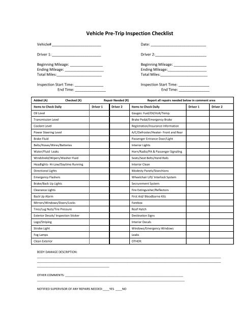 Vehicle Pre-Trip Inspection Checklist