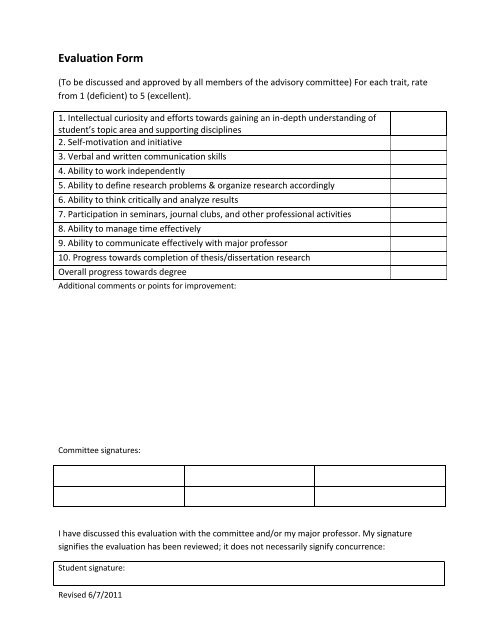 Graduate Student Evaluation Form