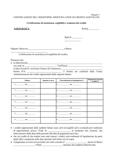 Certificazione del credito per apertura linee di credito agevolate