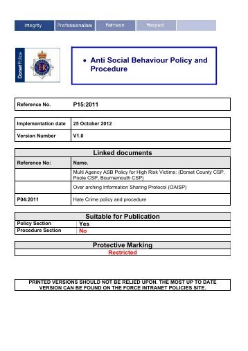 P15-2011 Anti-Social Behaviour Policy and Procedure - Dorset Police