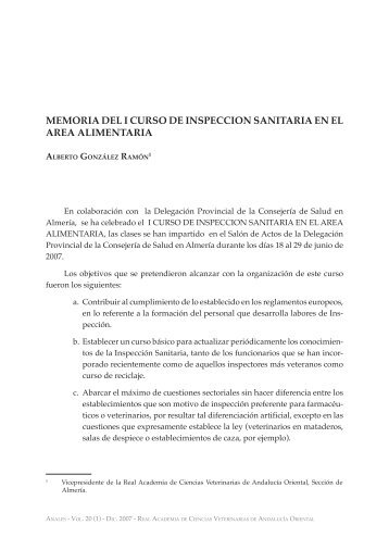 Memoria del I curso de inspecciÃ³n sanitaria en el Ã¡rea alimentaria