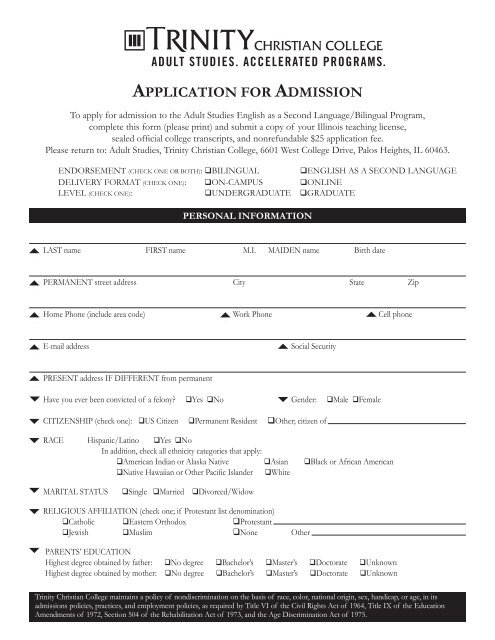 APPLICATION FOR ADMISSION - Trinity Christian College