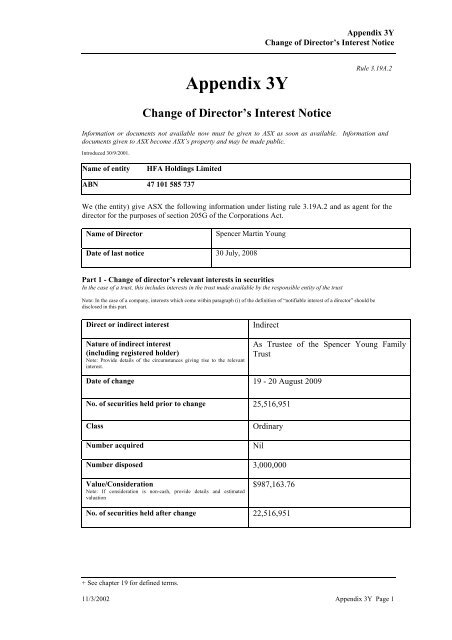 Change of Director's Interest Notice - HFA Holdings Limited